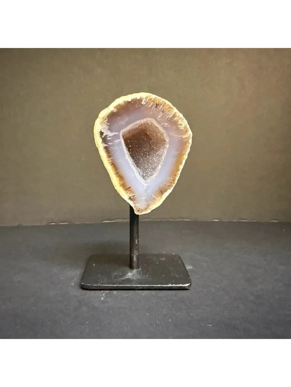 Beautiful Polished Agate Geode Half with Quartz Druzy Center on Metal Stand
